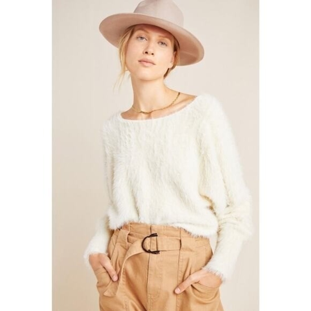 Anthropologie Womens Cream Sweater Cozy Minimalist Textured Boat Neck